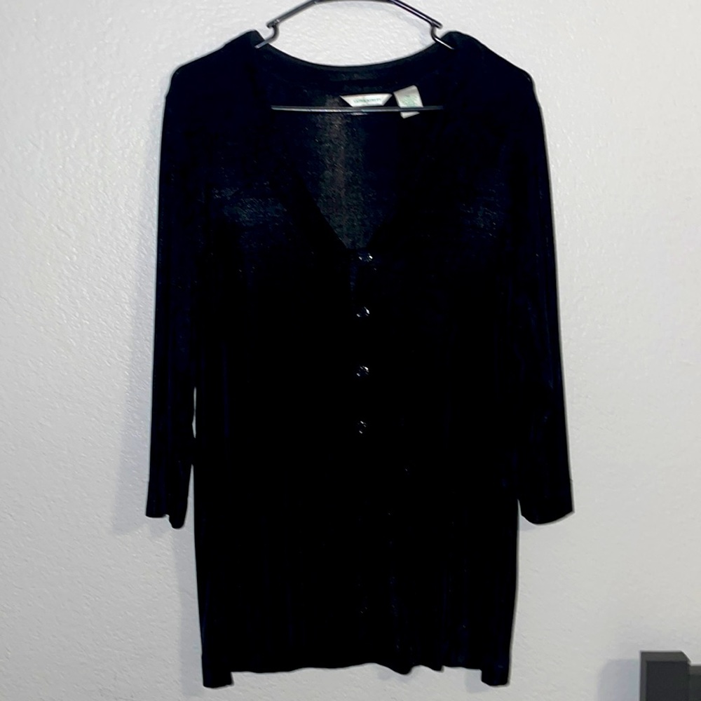 Laura Ashely black button up ¾ length sleeves.